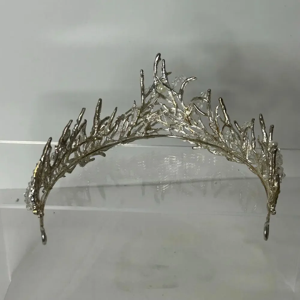 Silver Woodland Fairy Tiara Crystal Beaded Pearl Branch Crown Fantasy Costume
